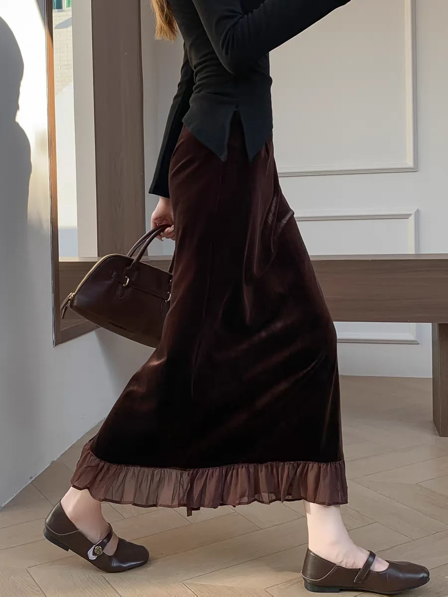 

Новинка 202, женские бархатные облегающие юбки, элегантная юбка-карандаш из органзы с рюшами и высоким разрезом, прямой подол на осень-зиму