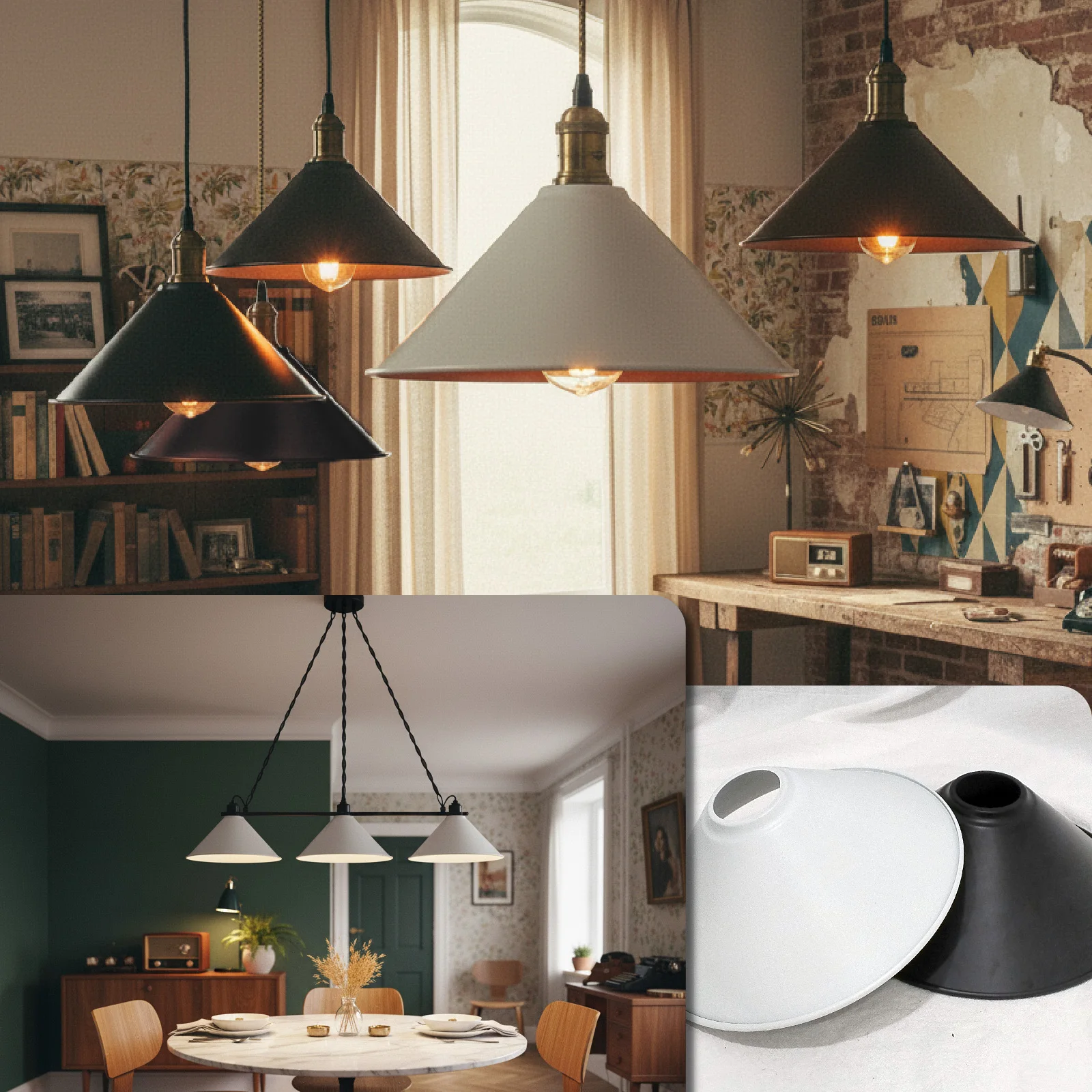 Metal Lamp Shade, Cone Industrial Pendant Light Cover, Black White for Living Room Decor