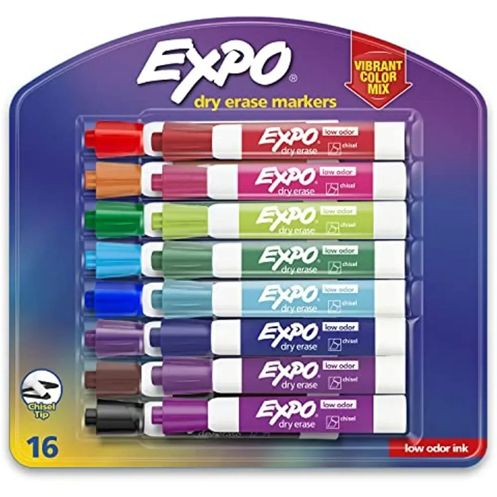 16 Colors EXPO Low Odor Dry Erase Markers Set Chisel Tip Vibrant Colors Painting Drawing Supplies Office School Stationery