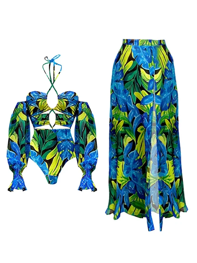 Green And Blue Leaves Fashion Print Long-sleeved Lace-up Hanging Neck Sexy Women's One-piece Swimsuit And Long Beach Skirt Slit