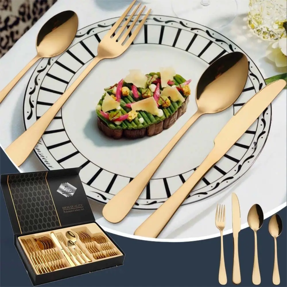

Набор столовых приборов пищевого качества из 24 предметов с коробкой, легким роскошным декором, набор ложек и вилок для ужина, минималистичная портативная посуда из нержавеющей стали