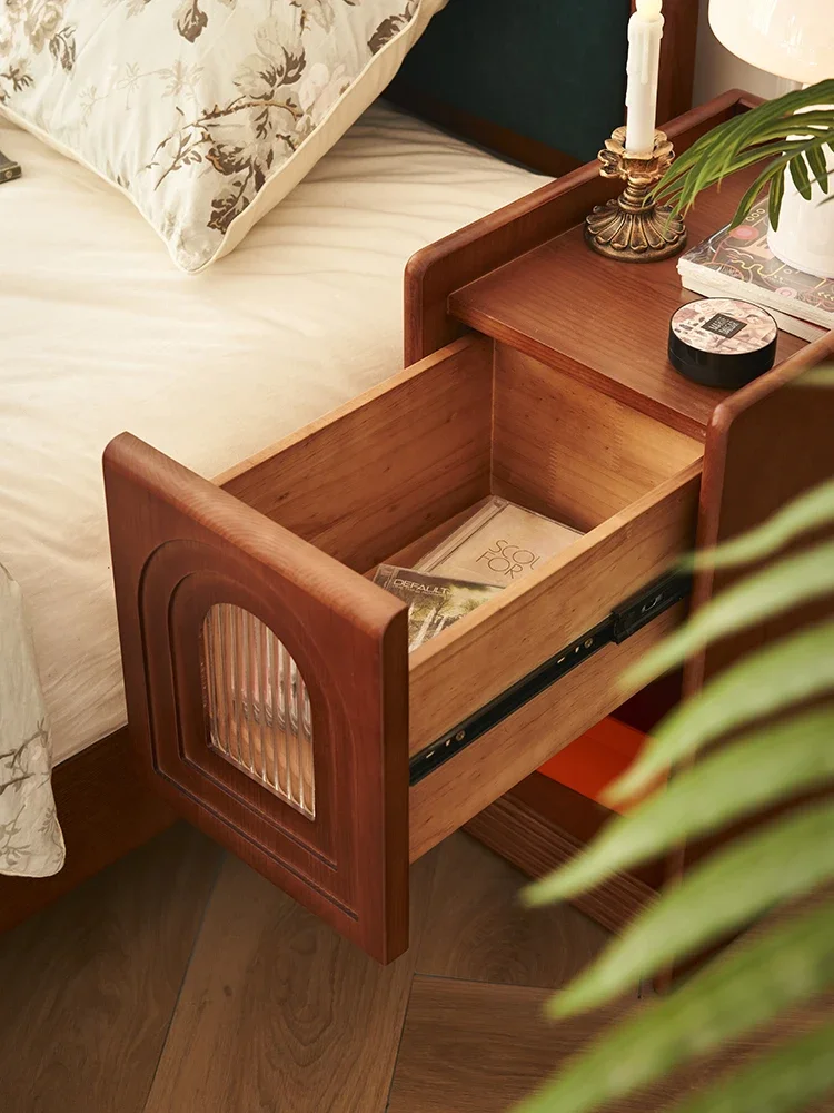 French retro solid wood bedside table, narrow side drawer storage medium antique bedside table