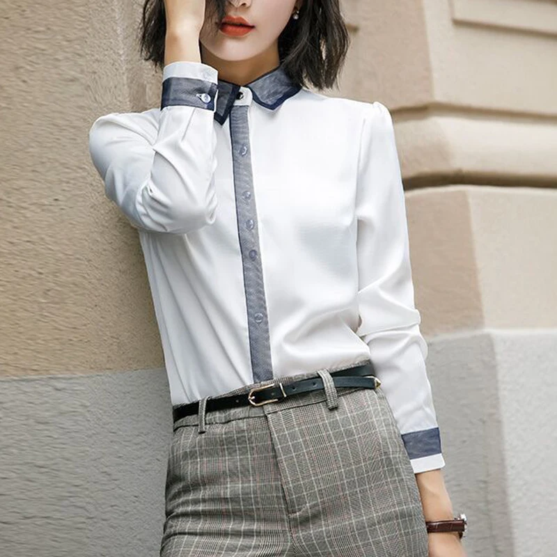 Korean Fashion Simple Office Lady Elegant White Patchwork Button Up Shirt Stand Collar Long Sleeve Slim Blouse Top Female Blusas