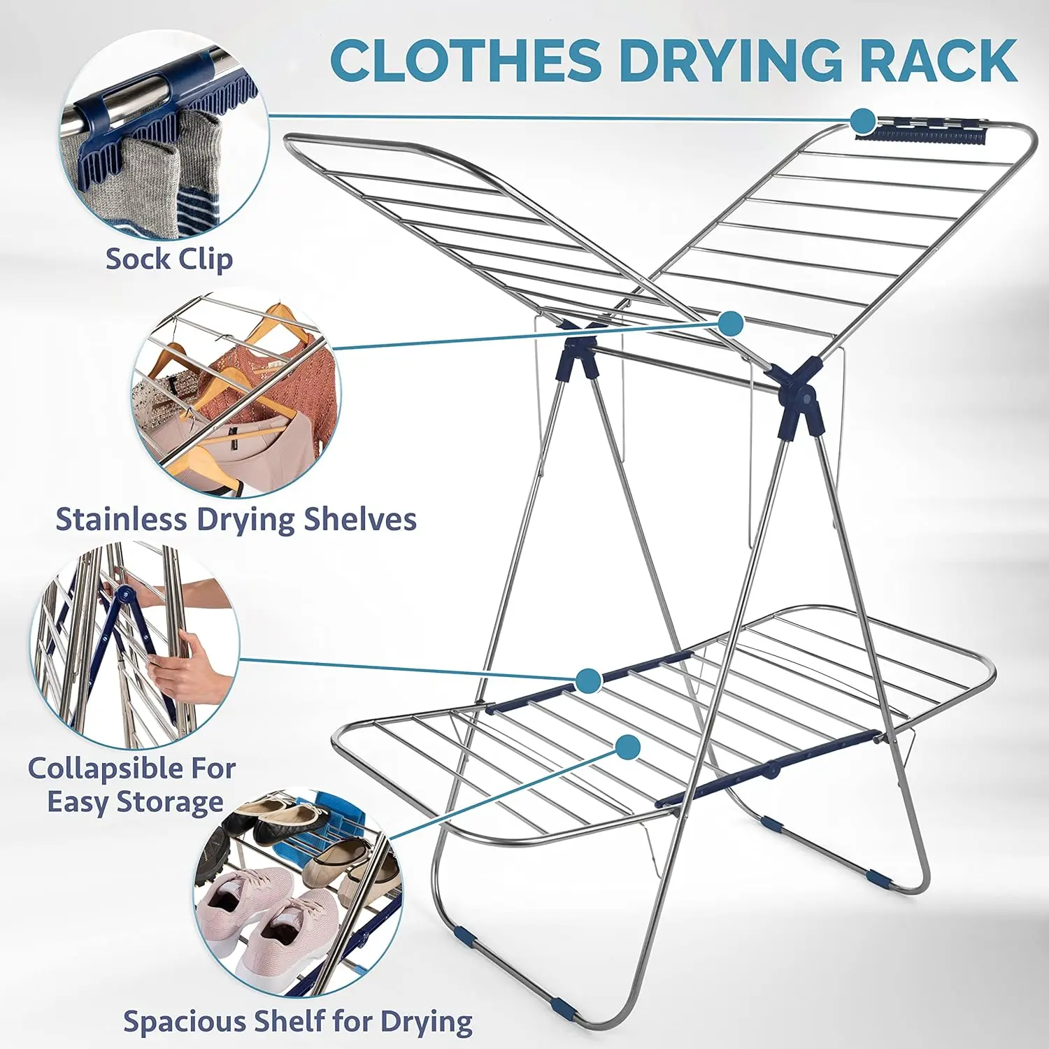 

Free Standing with Height Adjustable Wings, Stainless Steel, Sock Clips, Towel Rack, Clothes, Blue