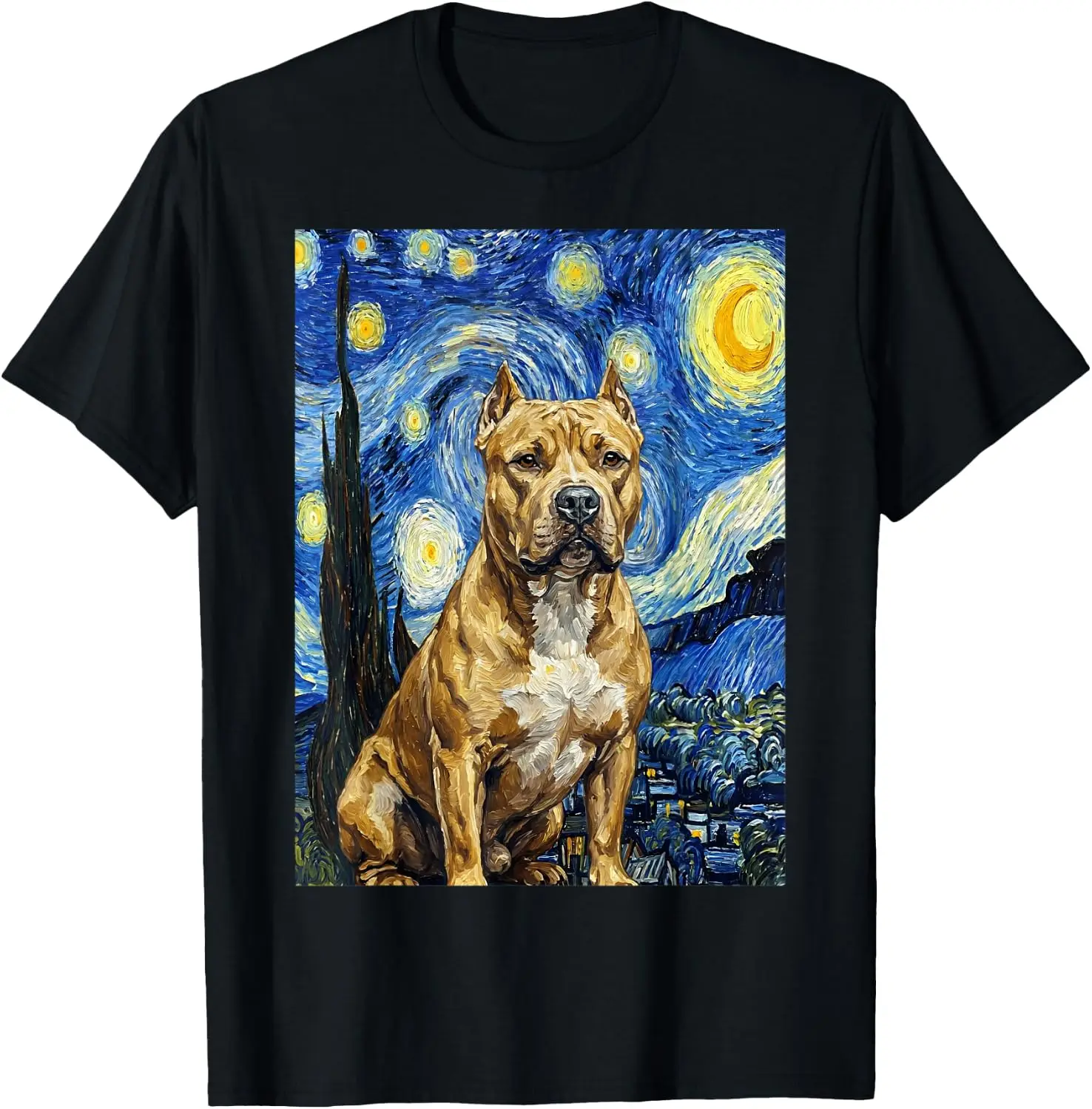 Pitbull Dog Starry Night Art Painting Style T-Shirt 100% Cotton Trendy Y2K Short-Sleeve Tee – Soft, Quick-Drying, All Occasion Casual  Suitable For Concert Party Hanging Out Sightseeing Trip