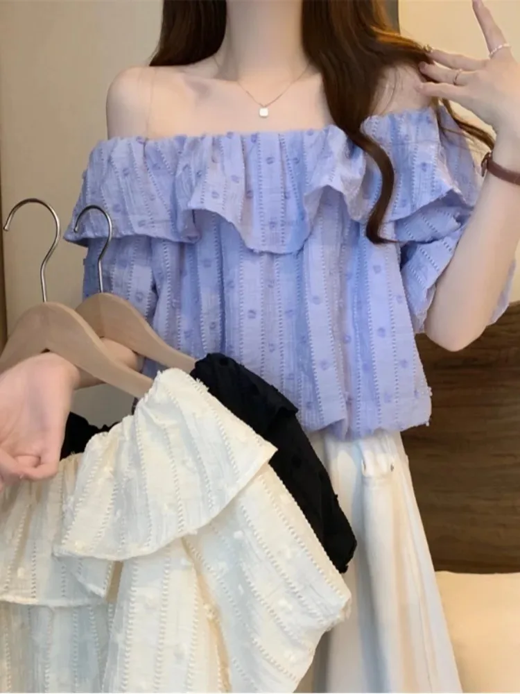 

New 2024 Summer Women's Sexy Slash Neck Petal Ruffles Shirts Fashion Short Sleeve Loose Blouses Black Shirt Tops