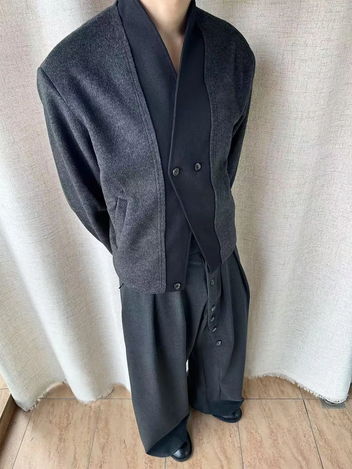 

Autumn Winter Men's ort Double-Breasted Cardigan Wool Blend Coat Lapel Jaet Casual Sli Polyester Fiber Jaet