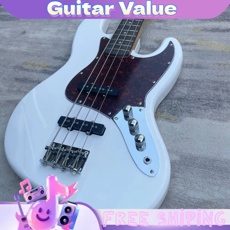 4 String Bass Gloss White Offset Double Cut Bass Electric Guitar Tortoise Shell Pickguard Dual Single Coil Pickups Free Shipping