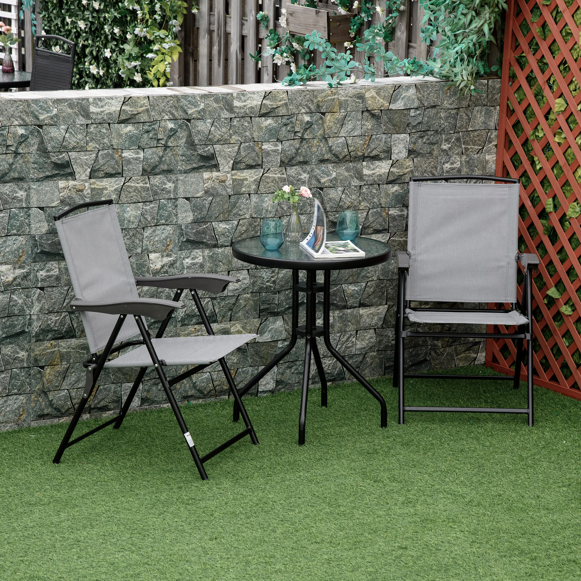 Outsunny-Mesa Redonda de Jardín con Encimera de Vidrio y Marco de Metal para Terraza, Patio, 60x70 cm, color Negro
