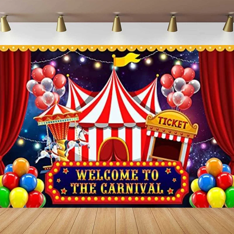 

Photography Backdrop For Circus Theme Birthday Decorations Banner Welcome To The Carnival Red Tent Colorful Balloons Background