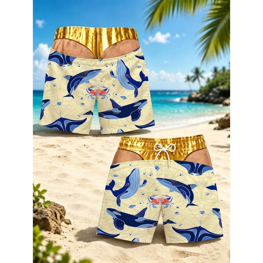 Men Funny Optical Illusion Swim Trunks Gold Fake Thong Boardshorts Blue Tie Dye Print Beach Shorts