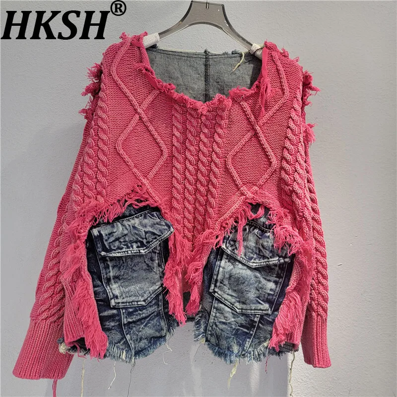 

HKSH Autumn Winter New Women Pullover Sweater Knitted Patchwork Distressed Denim Color Block Long Sleeves Retro Chic Top HK17410