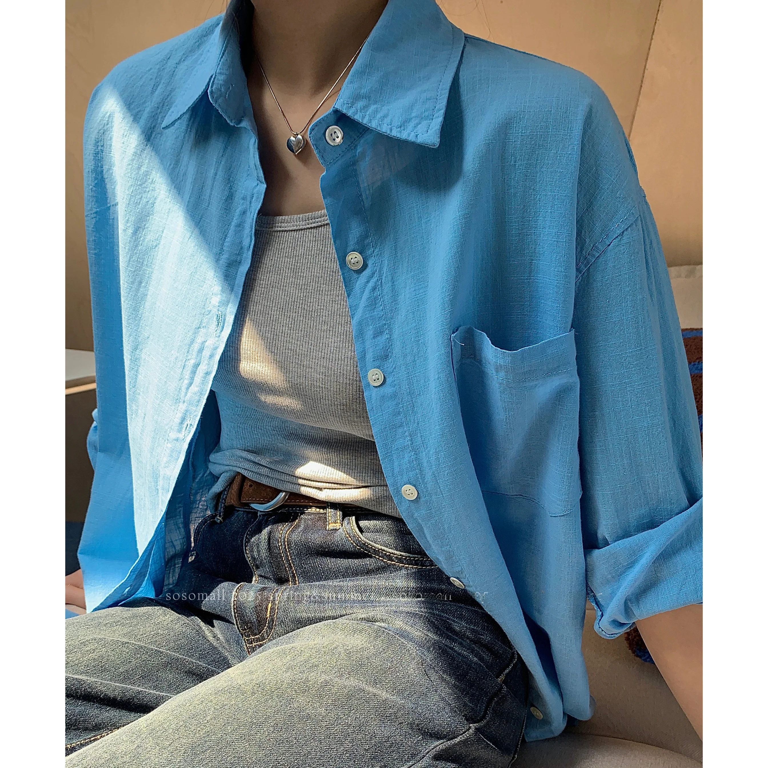 

Sosomall Весенняя синяя хлопково-льняная рубашка-жакет с длинным рукавом, свободный крой, уникальный универсальный топ для женщин, деловой повседневный стиль