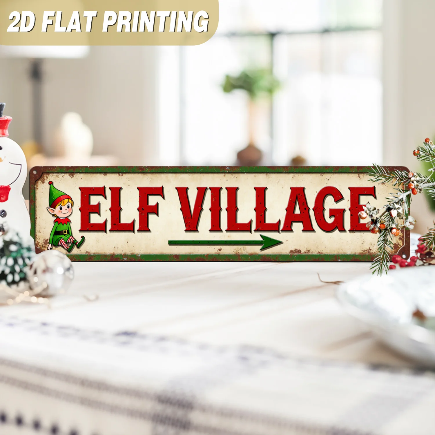 2D Flat, 1pc, Rustic Elf Village Metal Sign with Christmas Design for Home, Store, Office, Porch, Bar, Party, Decorative Sign, M