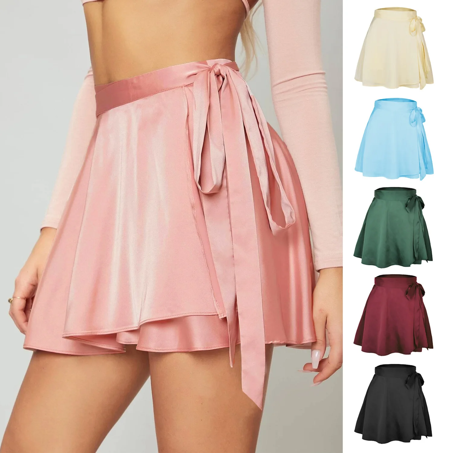 

Women Summer High Waist Lace-Up Loose Casual Chiffon Satin Mini Skirt Solid Color Bandage Fashion Club Elegant Skirts