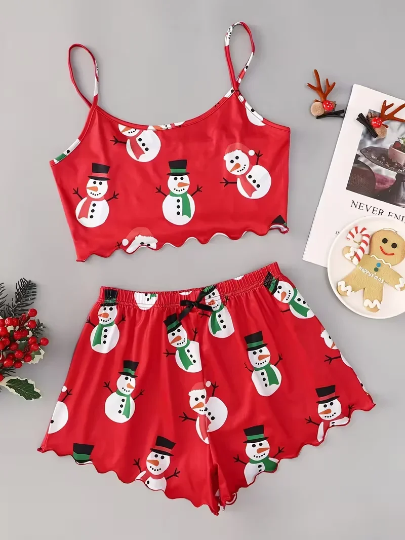 Christmas Snowman Print Pajama Set Women's Spaghetti Strap Crew Neck Top and Shorts 2PCS Sleepwear Loungewear