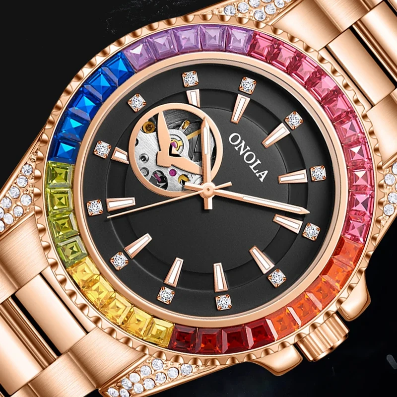 جديد أزياء الرجال التلقائية الميكانيكية ووتش الفاخرة الملونة الماس الجوف الساعات الفولاذ المقاوم للصدأ الكلاسيكية الهيكل العظمي ساعة اليد الرجال #5