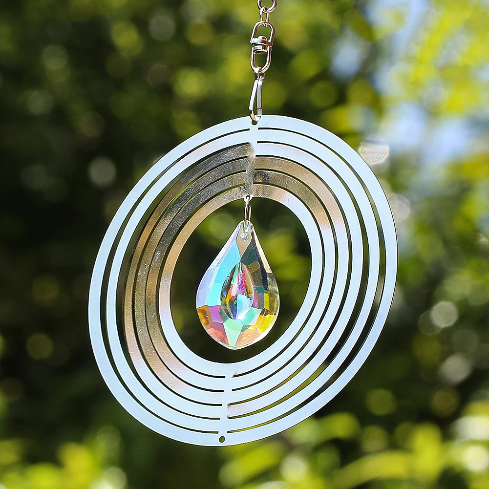 Stainless Steel Wind Spinner 3D Whirligigs Hanging Crystal Suncatcher Prism Pendant with Swivel Hook Garden Decor Bird Deterrent