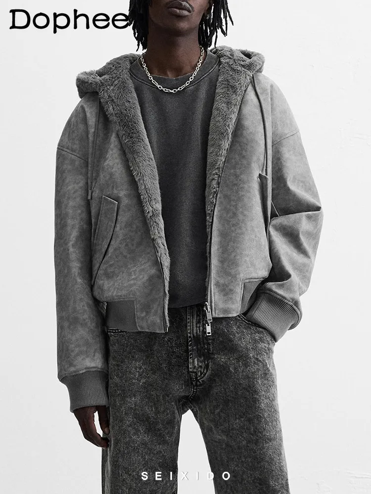 

Autumn Winter Thickened Warm Men's Fashion Trend Faux Fur Zipper Hooded Jacket Loose Casual Youth Trendy Coat