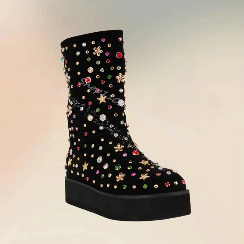 

Colorful Crystal Rivets Round Toe Snow Boots Slip On Women Shoes High Top Fashion Party Banquet Dating 2024 Zapatos Para Mujere