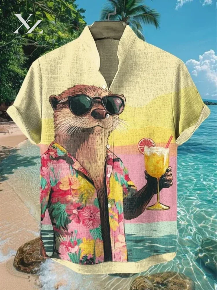 Men's Otter Art Print Casual Shirt Bohemian Vintage Holiday Short Sleeve Lapel Collar Oversized Leisure Vacation Shirt