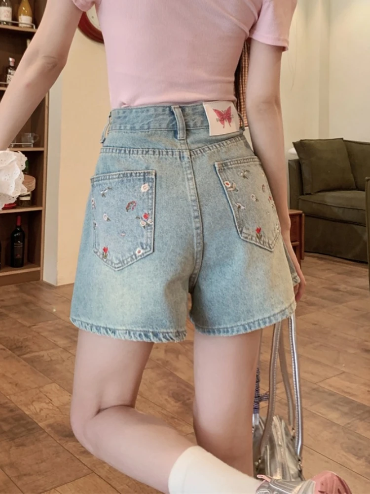 

Retro Embroidered High Waist A-Line Wide Leg Jeans Shorts Women's Summer plus Size Slimming Five-Quarter Length Pants