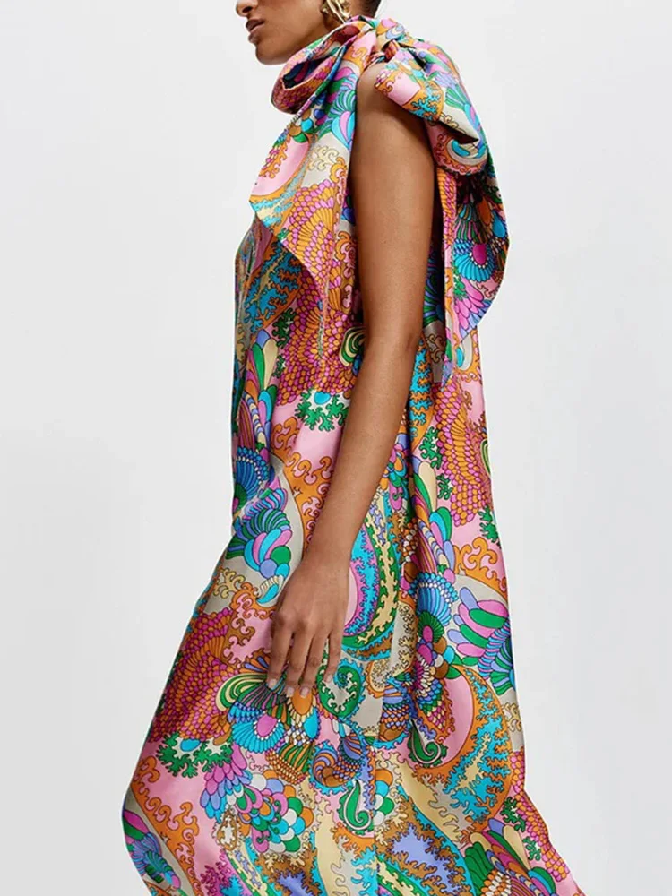 Summer New Lady Satin One-piece Robes Fashion Pattern Printed Skew Collar Halter Dress Elegant Off Shoulder Pleated Party Dress