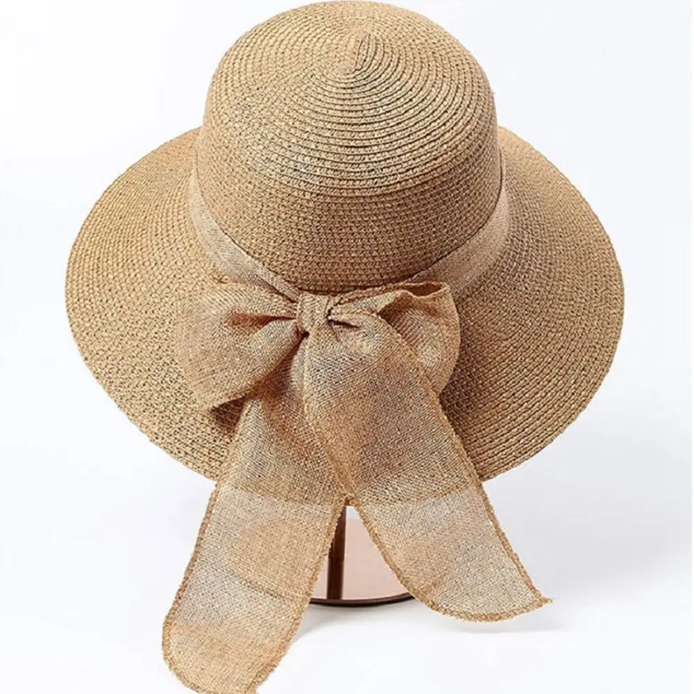 

Travel Foldable Fashion British Style Bowknot Ribbon Sunscreen Flat Hat Handmade Sun Hat Top Hat Straw Hat Weave Sun Cap