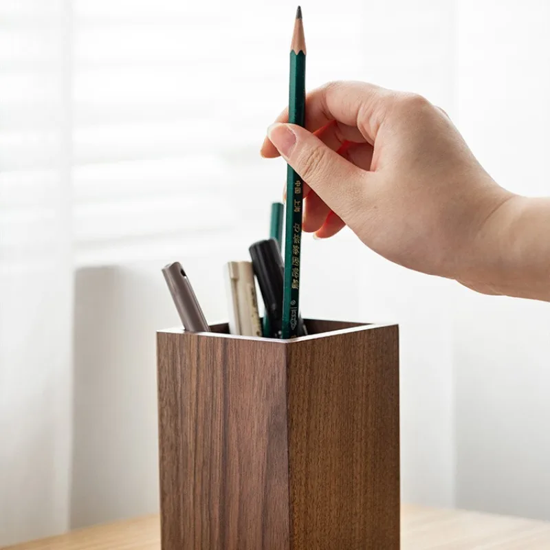 Black Walnut Wood Desk Pen Holder Writing Stationary Organizer Wooden Cosmetic Storage Box Office and School Supplies