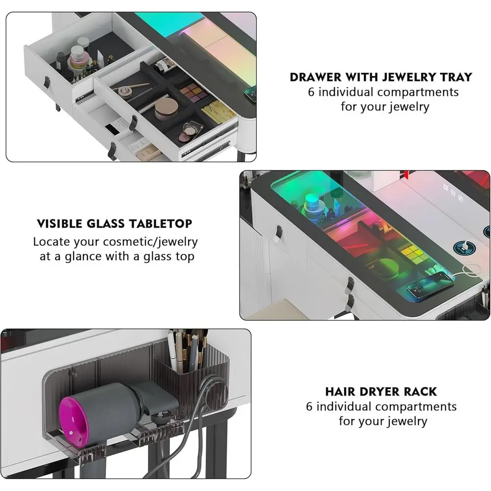 Gurexl RGB Vanity Desk with WirelCharging Station,Vanity Table with Lights and Mirror,7 and 7 Static Dimmable Vanity Set with US view 6