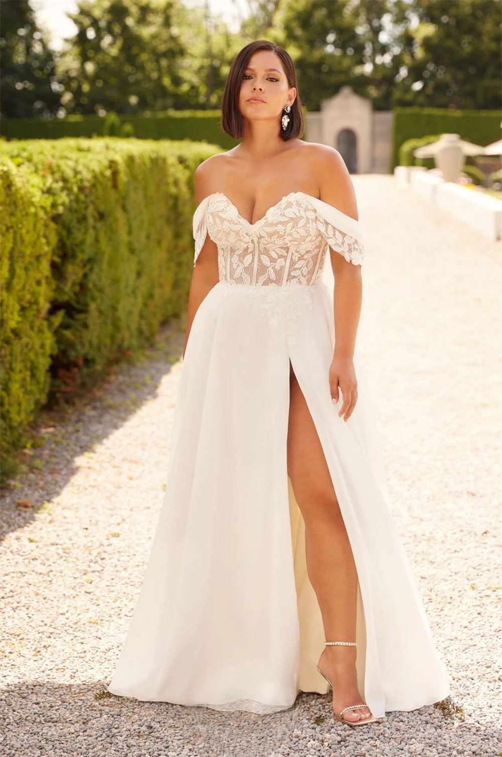 Abiti da sposa da sposa con applicazioni in pizzo con spalle scoperte e corsetto trasparente in Tulle con spacco laterale abiti da sera lunghi a-line da sera formale