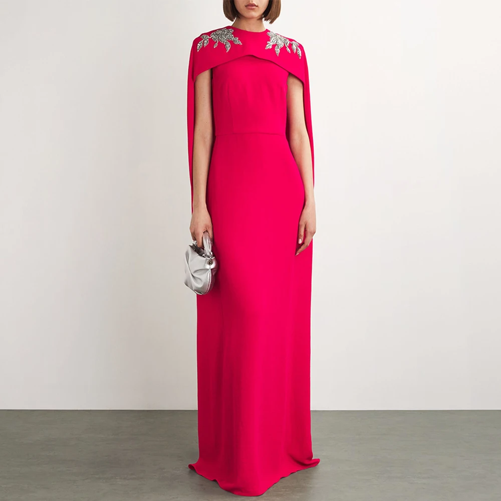 Fuchsia ชุดราตรี Cape ที่กําหนดเองรอบคอลูกปัดคริสตัลตรงความยาวชั้น Arabian PARTY ชุดราตรี