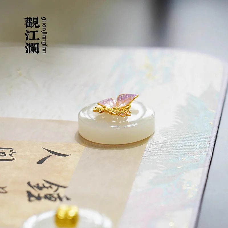 1PCS White Jade and Brass Paperweight, Classic Chinese Calligraphy Desk Accessory, Collector Scholar Gift
