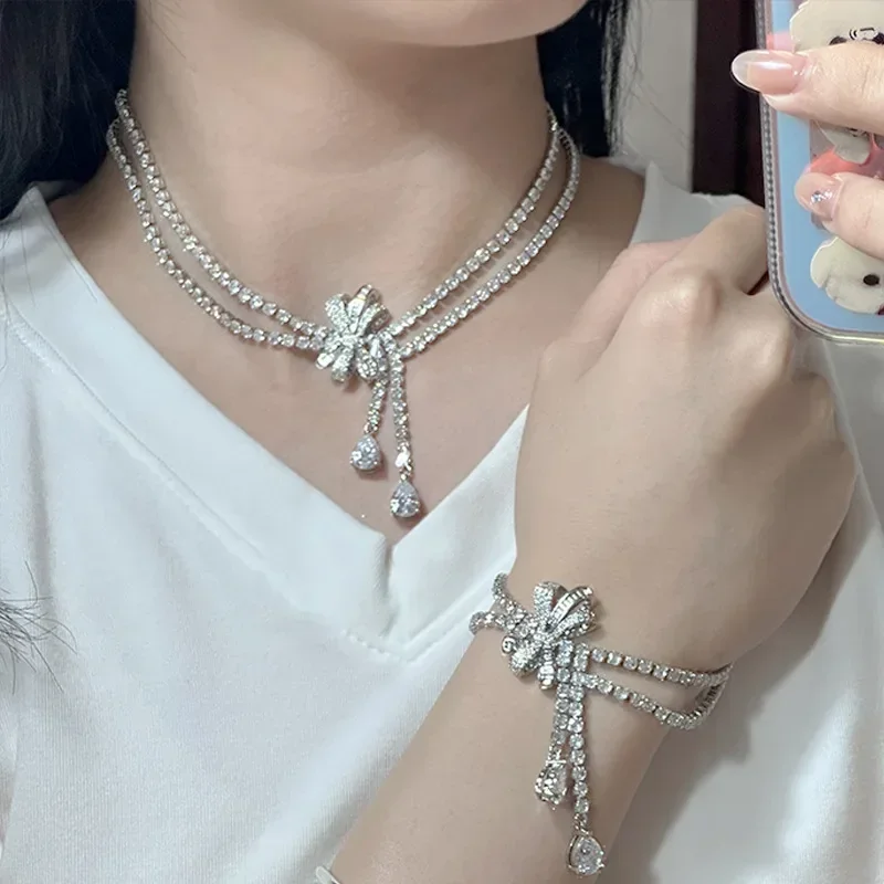

MDL Moissanit. Style Light Luxury Bow Tassel Bracelet Women 18K Plated Full Of Zirconium Diamonds Fire Color Necklace
