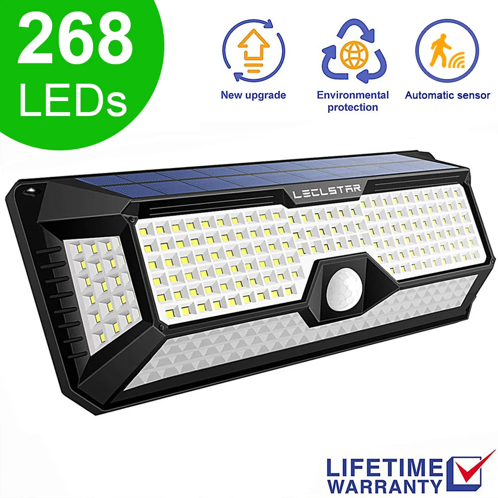 

Солнечный настенный светильник 268 LED с датчиком движения, 3 режима, водонепроницаемый, для сада и дорожек