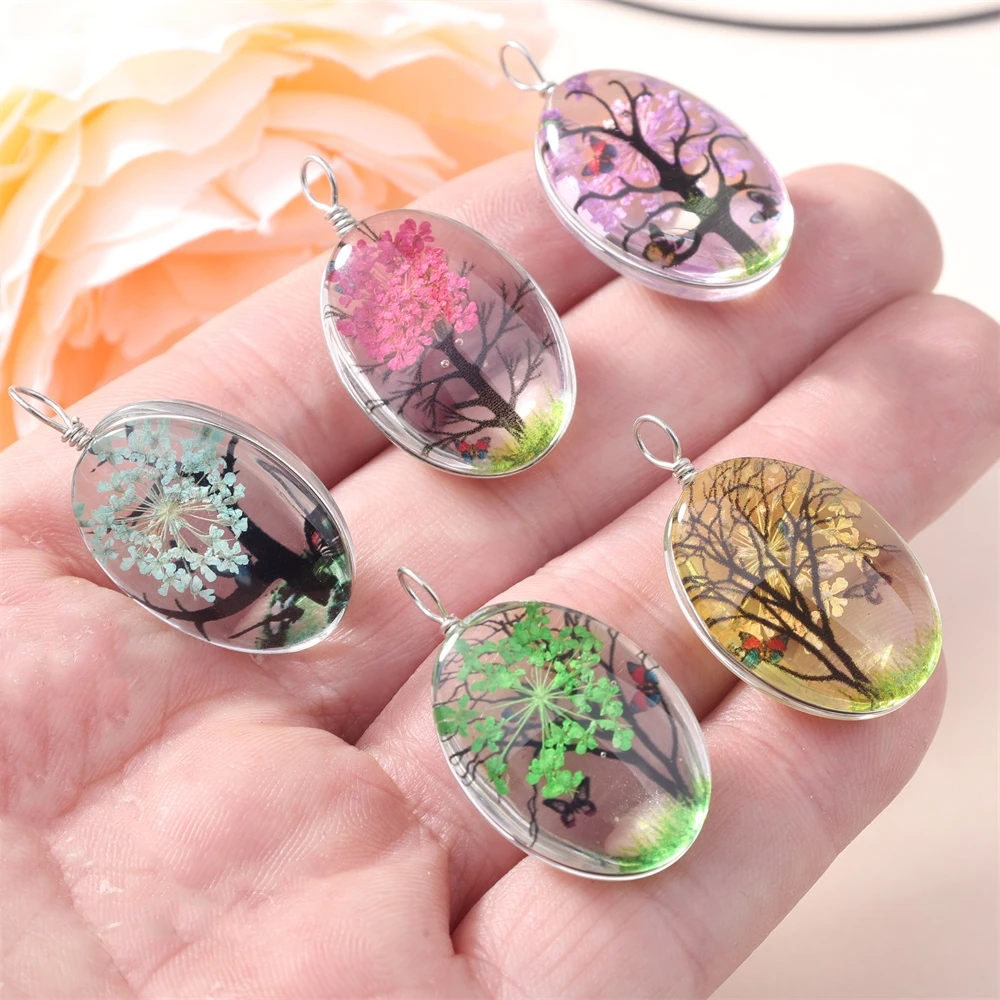 5Pcs Time Gemstone Starry Dried Flower Pendant Round Dried Flower Glass Pendant DIY Necklace Pendant Jewelry Accessories