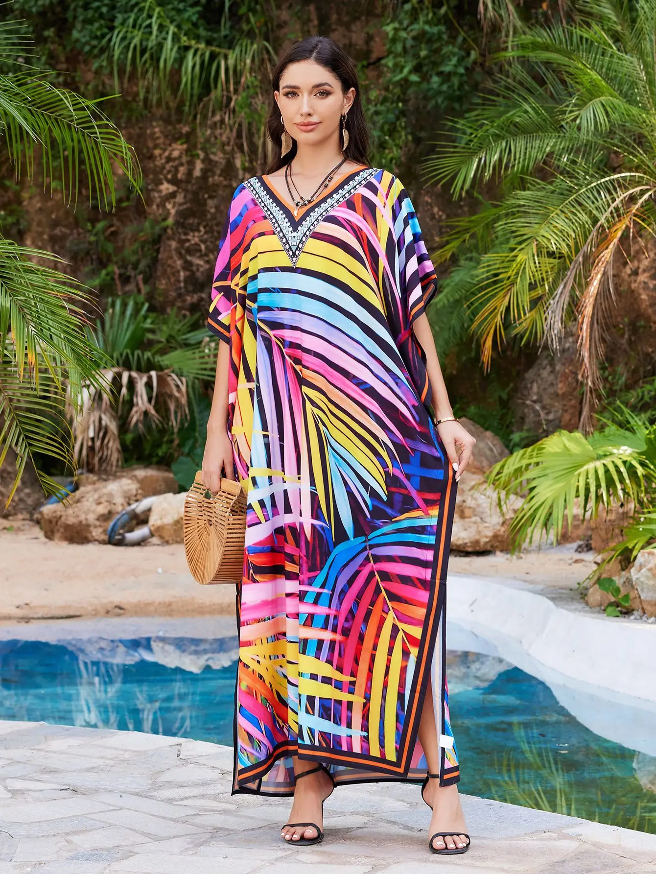 

2025 Trend Long Dresses for Women Boho Kimono Kaftan Fashion Pullover Maxi Dress on Beach Leaf Printing Bohemian Bikini Cover Up