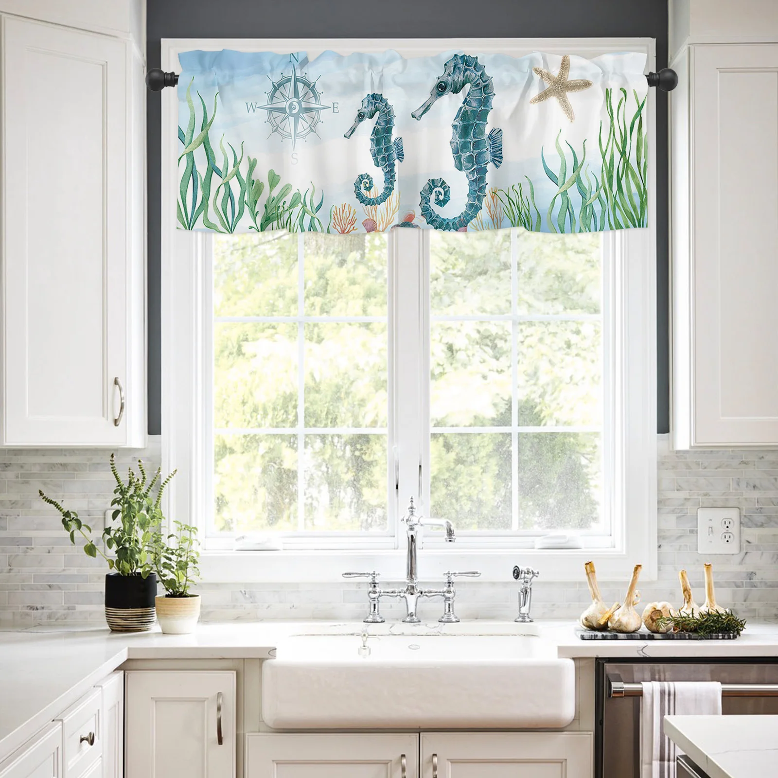 ZEDLIYU Valances for Windows Kitchen Living Room Small Window Valance Ocean Animal Hippocampus on Wooden Plank , 54 x 18 Inch