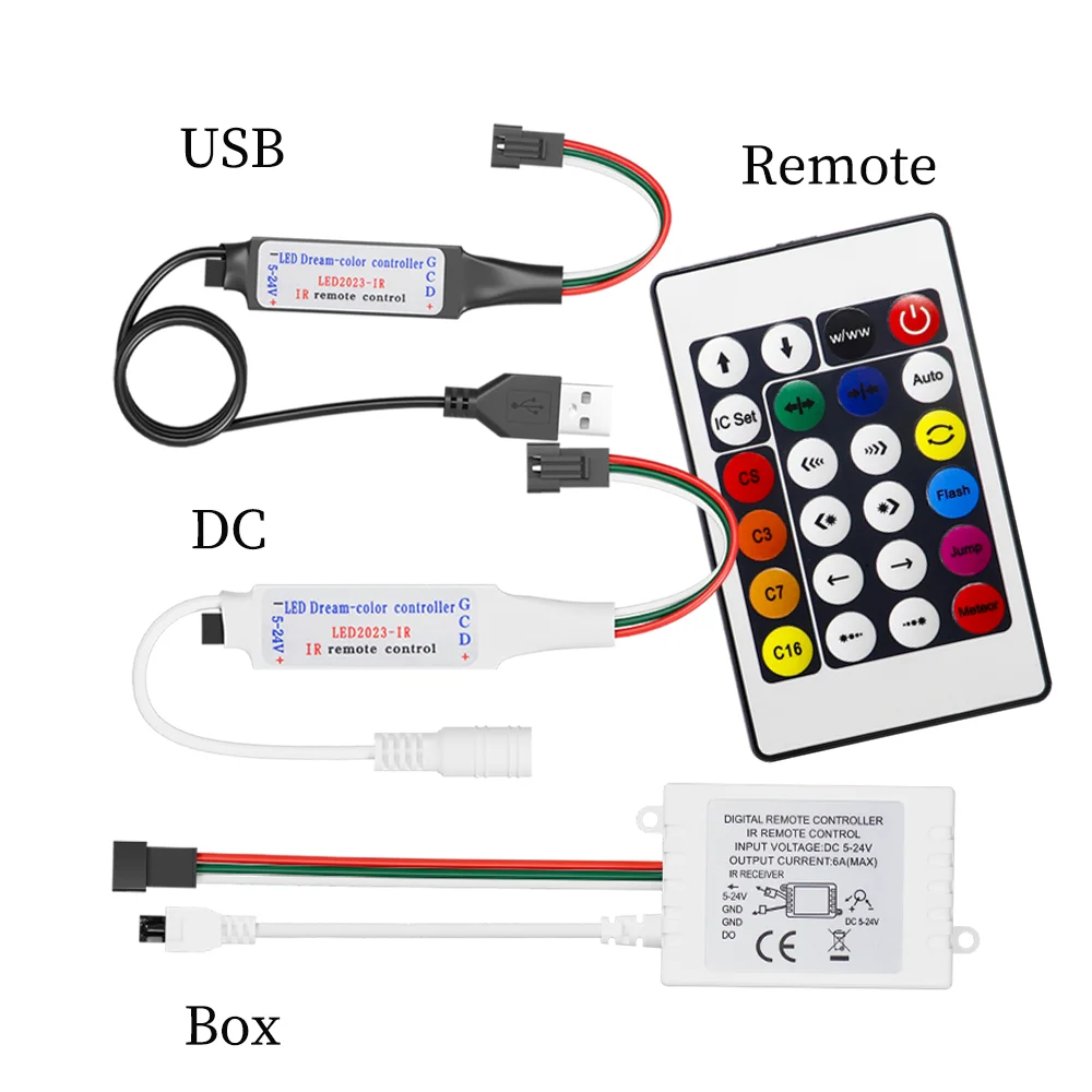 USB DC LED 픽셀 컨트롤러 RGBIC 스마트 조명 조광기, 24 키 IR 리모컨, WS2812 WS2811 LED 조명 램프 DC5-24V