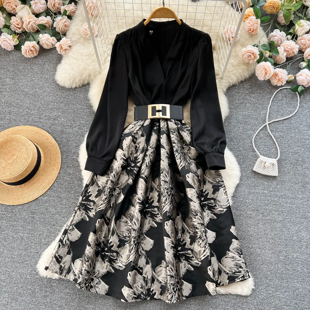 

Runway Vintage Women Flower Fake Two Pieces Dress Spring Sexy Deep V Neck Long Sleeve Patchwork Jacquard Belt Ball Gown Dresses