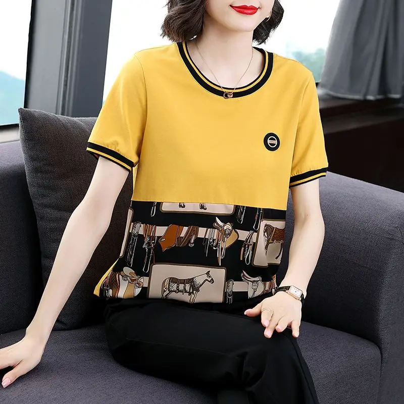 Fashion Female Printed Spliced Casual T-shirt Summer New Women\'s Clothing Korean Loose Round Neck Short Sleeve Tops Pullovers