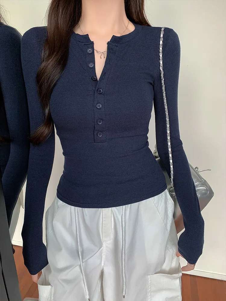 

Solid Single Breasted Long Sleeve T-shirt Women Slim Fit Long Sleeve Tops 2025 Autumn Fashion Casual Basic T-shirt