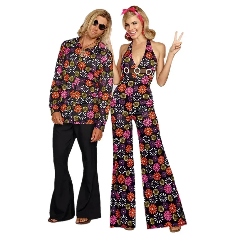

Couples Vintage 70s Hippie Costumes Suit Women Men 80s Rock Disco Stage Performance Jumpsuit Cosplay Outfit Carnival Halloween