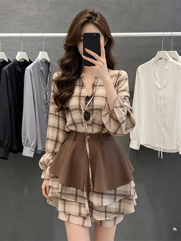 Gentle Wind Plaid Long Sleeve Short Dress Women's Summer New Special Beautiful Waist-Cut Skirt Vintage High Waist A-Line Skirt