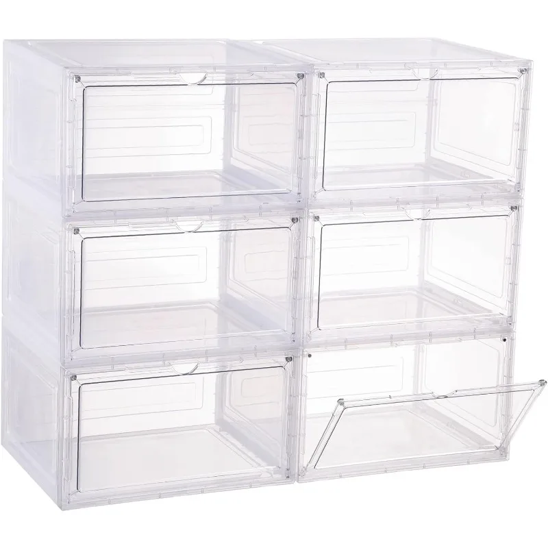 Shoe Organizer Shoe Storage Boxes, 6 Pack Large Side Open Shoe Boxes with Magnetic Door, Clear Plastic Stackable