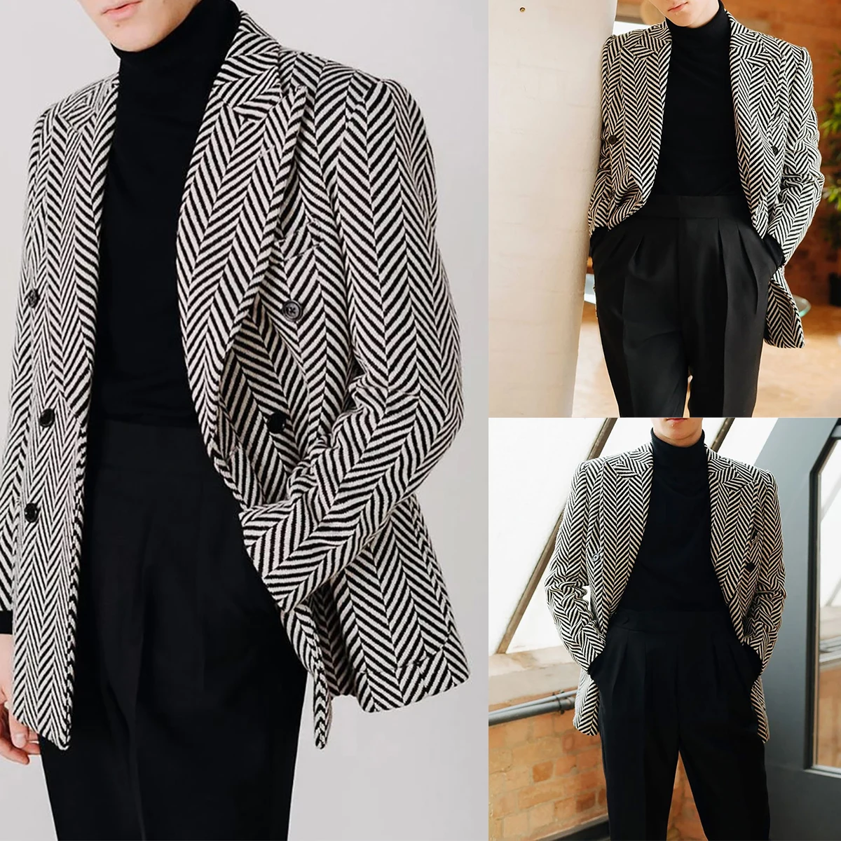 

Herringbone Men Suits 2 Pieces Spliced Blazer Black Pants Double Breasted Tuxedo Fashion Wedding Formal Work Causal Tailored