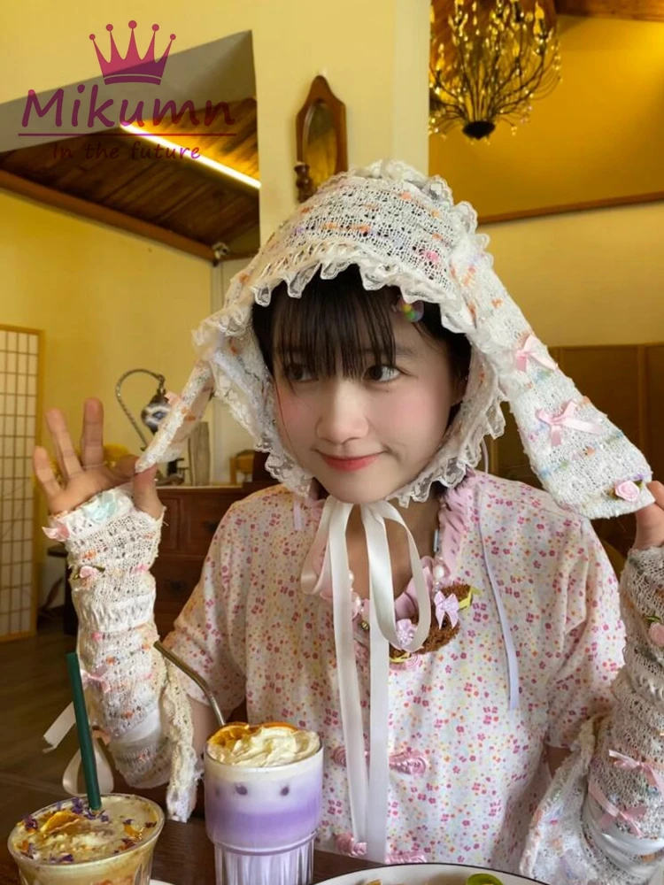 Japanese Harajuku Girls Kawaii Knitted Rabbit Ear Lace-up Hats Lolita Sweet Lace Bow Headband Caps