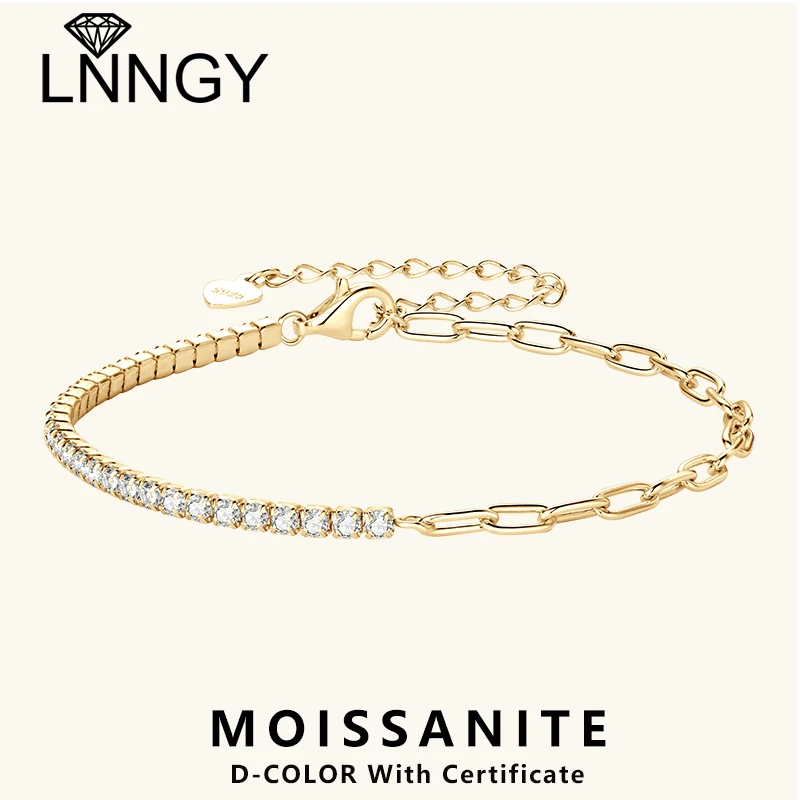 Lnngy 2mm bransoletka Moissanite koreański Ins 925 srebro spinacz do papieru łańcuszek regulowane bransoletki dla kobiet prosta biżuteria na rękę