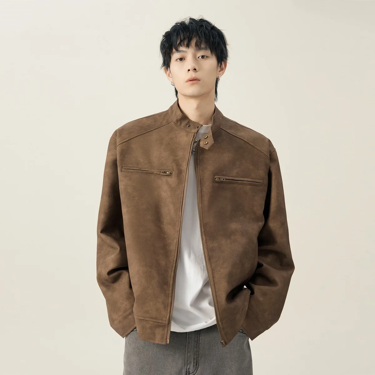 

Maillard Brown Leather Jacket For Men Cleanfit Motorcycle Jacket Couple Baseball Style Leather Outerwear