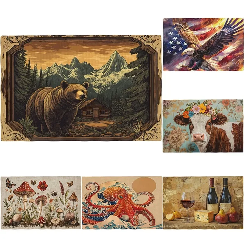 Cabin Style Bear Forest Elements Rustic Hunting Wildlife Heat-Resistant Linen Placemats Dining Table Kitchen Holiday Decoration